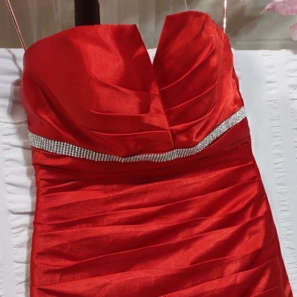 Red Strapless Mermaid Gown with Rhinestone Embellished Front Band - Picture 3 of 16